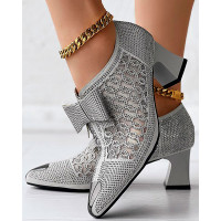 Side Zip Rhinestone Bowknot Decor Chunky Heels - Dark grey