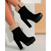 Side Zipper Fuzzy Trim Chunky Heel Ankle Boots - black