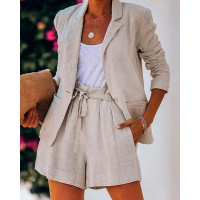 Single Button Casual Blazer Coat & Tied Detail Shorts Set - Apricot