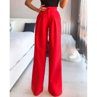 Single Button High Waist Wide Leg Pants - red