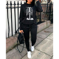 Skeleton Print Sweatshirt & Drawstring Pocket Design Pants Set - black