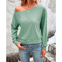 Skew Neck Eyelet Embroidery Casual Top - green