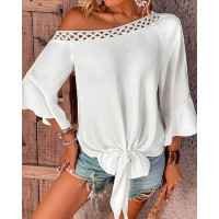 Skew Neck Hollow Out Ruffle Sleeve Top - white