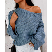 Skew Neck Long Sleeve Sweater - dark blue