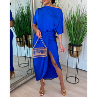 Skew Neck Ruched Slit Midi Dress - blue