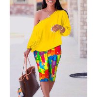 Skew Neck Top & Melting Colors All Over Print Pants Set - Multicolor