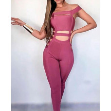 Skinny Off Shoulder Ladder Cut Out Sexy Jumpsuit - purple