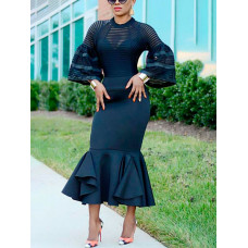 Skinny Puff Sleeve Flounce Mermaid Dress - black