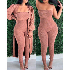 Skinny Tube Jumpsuit With Lantern Sleeve Longline Coat - rose gold