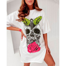 Skull Rose Insect Print High Slit Casual Dress - white