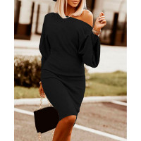 Slash Neck Lantern Sleeve Knit Casual Dress - black