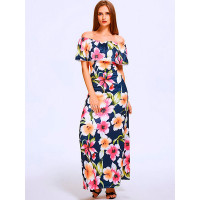 Slash Neck Lotus Leaf Maxi Chiff Dress Floral Style Print Long Sleeveless Dress - black