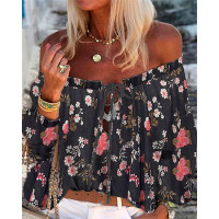 Slash Neck Printed Floral Long Sleeve Chiffon Blouse - style4