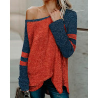 Slash Neck Striped Print Colorblock Casual Top - orange