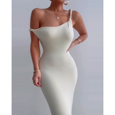 Sleeveless Asymmetrical Neck Midi Dress - white