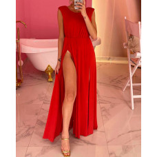 Sleeveless Backless High Slit Maxi Dress - red