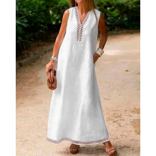 Sleeveless Contrast Lace Hollow Out Vacation Dress - white