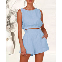 Sleeveless Crop Top & Shirred Pocket Design Shorts Set - blue