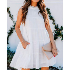 Sleeveless Frill Hem Flowy Swing Dress - white