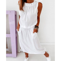 Sleeveless Frill Hem Tied Detail Casual Dress - white