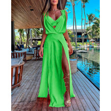 Sleeveless High Slit Maxi Dress With Bra Top - green