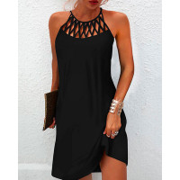 Sleeveless Hollow Out Casual Dress - black