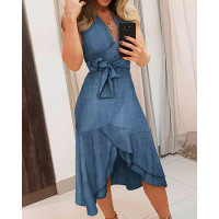 Sleeveless Knotted Ruffles Slit Dress - blue