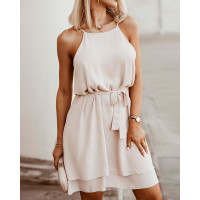 Sleeveless Layered Tied Detail Casual Dress - Apricot