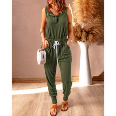 Sleeveless O Neck Buttoned Drawstring Jumpsuit - Army green