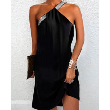 Sleeveless One Shoulder Casual Dress - black