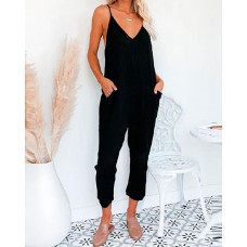 Sleeveless Overalls Pocket Design V-Neck Jumpsuit - black