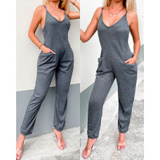 Sleeveless Overalls Pocket Design V-Neck Jumpsuit - Dark grey