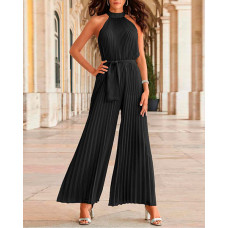 Sleeveless Pleated Design Belted Wide Leg Jumpsuit - black