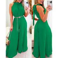 Sleeveless Pleated Wide Leg Jumpsuit Without Belt - green