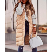 Sleeveless Pocket Button Design Hooded Gilet Puffer Jacket - beige