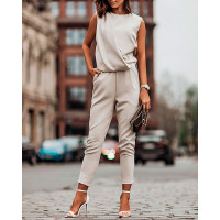 Sleeveless Pocket Decor Casual Jumpsuit - Apricot