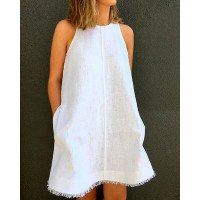 Sleeveless Pocket Design Raw Hem Casual Dress - white