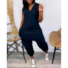 Sleeveless Pocket Design V-Neck Jumpsuit - black