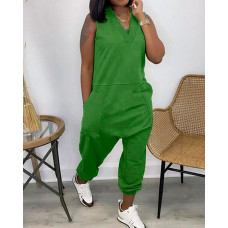 Sleeveless Pocket Design V-Neck Jumpsuit - green