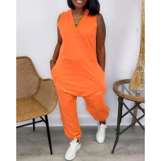 Sleeveless Pocket Design V-Neck Jumpsuit - orange