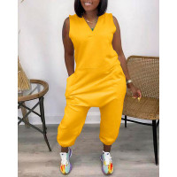 Sleeveless Pocket Design V-Neck Jumpsuit - yellow