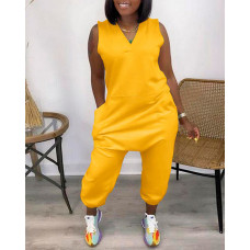 Sleeveless Pocket Design V-Neck Jumpsuit - yellow