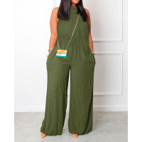 Sleeveless Pocket Detail Wide Leg Jumpsuit - Army green