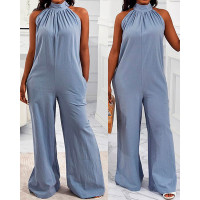 Sleeveless Pocket Detail Wide Leg Jumpsuit - blue