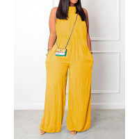 Sleeveless Pocket Detail Wide Leg Jumpsuit - yellow