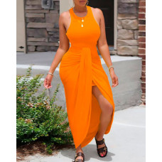 Sleeveless Ruched Draped Maxi Dress - orange