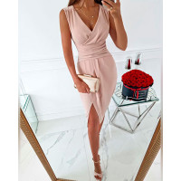 Sleeveless Ruched Overlap Slit Party Dress - Apricot