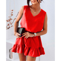 Sleeveless Ruffle Hem Casual Dress - red