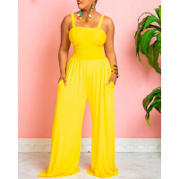 Sleeveless Shirred Wide Leg Jumpsuit - yellow