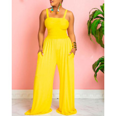 Sleeveless Shirred Wide Leg Jumpsuit - yellow